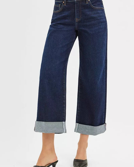 RISEN Mid Rise Fit Ankle Wide Roll Up Jeans - THE AMERICAN BLUE