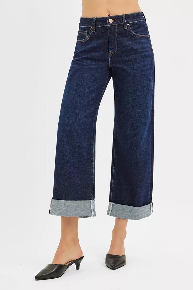 RISEN Mid Rise Fit Ankle Wide Roll Up Jeans - THE AMERICAN BLUE