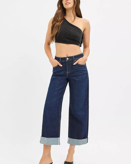 RISEN Mid Rise Fit Ankle Wide Roll Up Jeans - THE AMERICAN BLUE