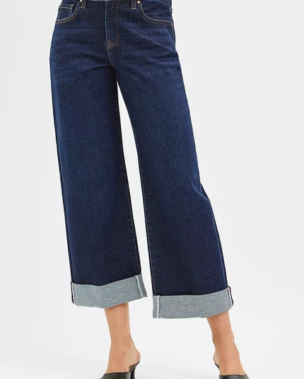 RISEN Mid Rise Fit Ankle Wide Roll Up Jeans - THE AMERICAN BLUE