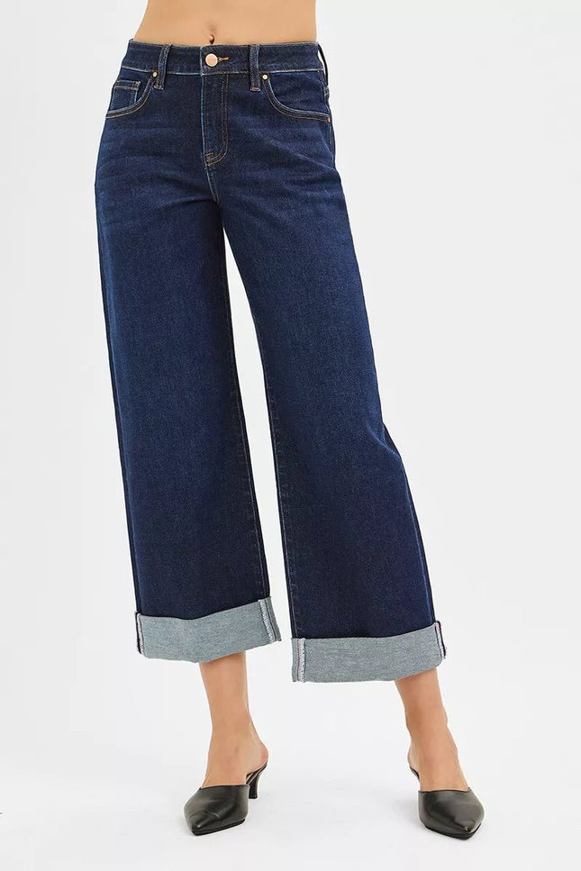 RISEN Mid Rise Fit Ankle Wide Roll Up Jeans - THE AMERICAN BLUE