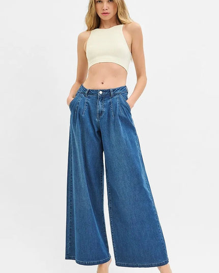 RISEN Mid Rise Fit Wide Leg Knit Denim Look Jeans - THE AMERICAN BLUE