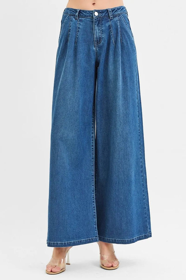 RISEN Mid Rise Fit Wide Leg Knit Denim Look Jeans - THE AMERICAN BLUE