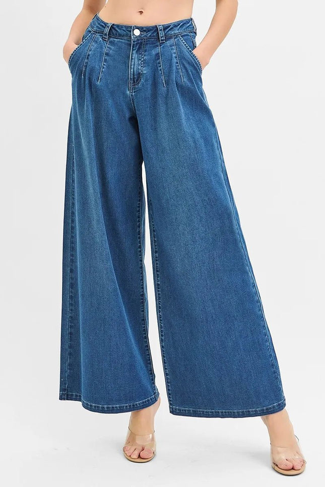 RISEN Mid Rise Fit Wide Leg Knit Denim Look Jeans - THE AMERICAN BLUE