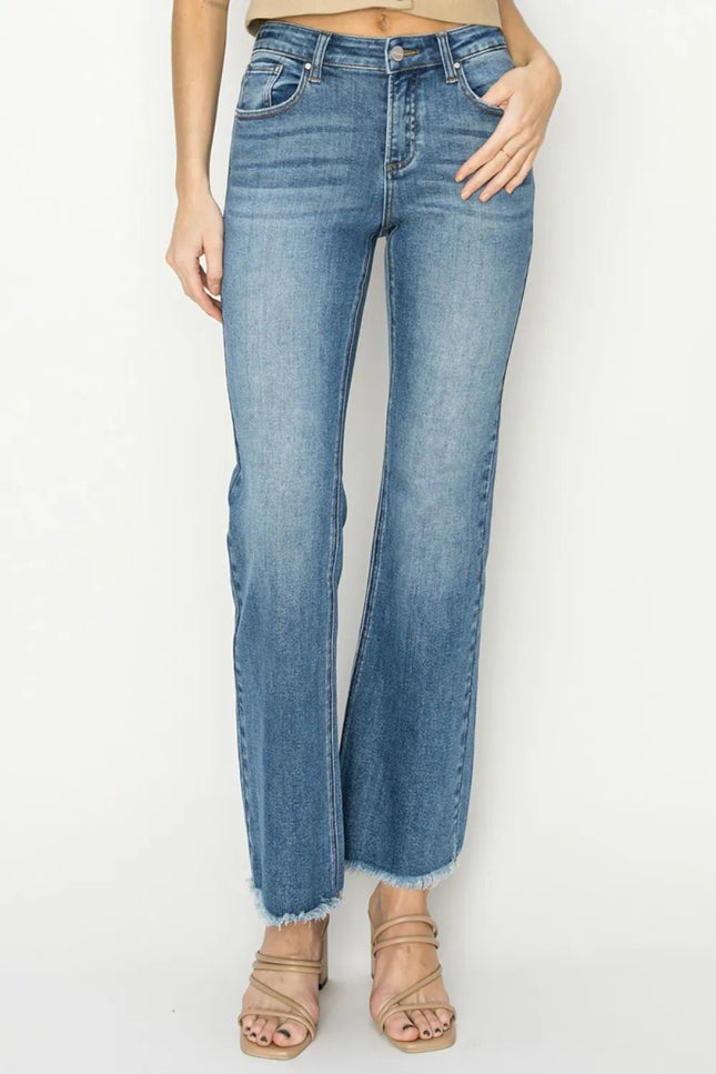 RISEN Mid - Rise Frayed Hem Bootcut Jeans - THE AMERICAN BLUE