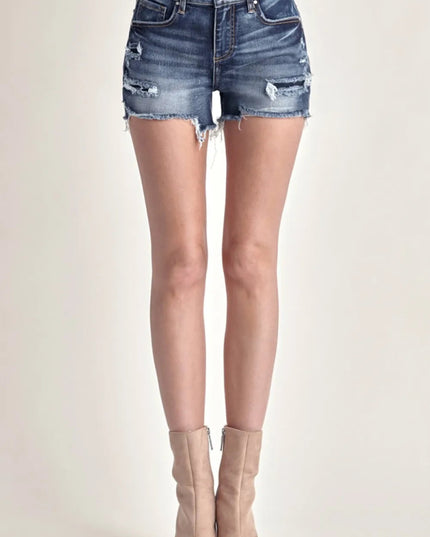 RISEN Mid Rise Raw Hem Denim Shorts - THE AMERICAN BLUE