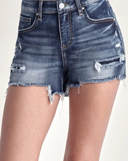 RISEN Mid Rise Raw Hem Denim Shorts - THE AMERICAN BLUE