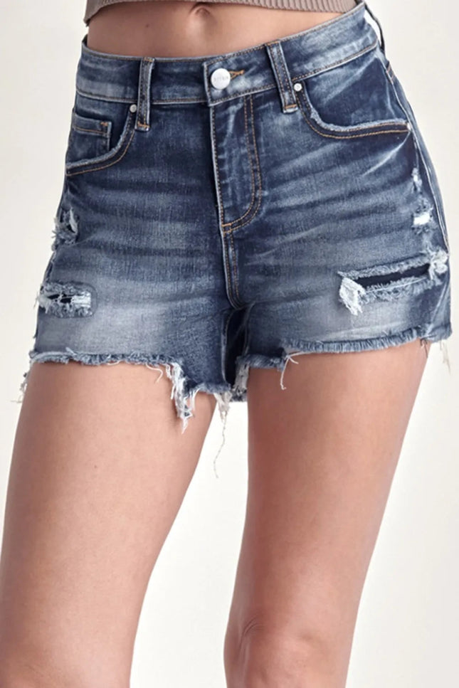 RISEN Mid Rise Raw Hem Denim Shorts - THE AMERICAN BLUE