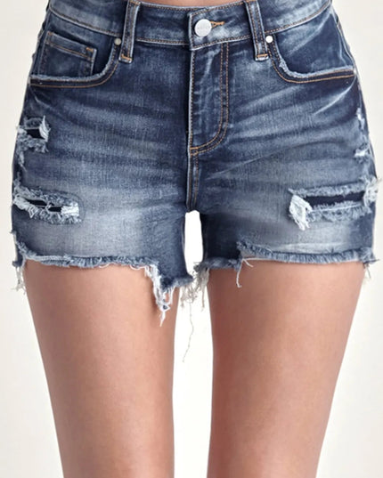 RISEN Mid Rise Raw Hem Denim Shorts - THE AMERICAN BLUE