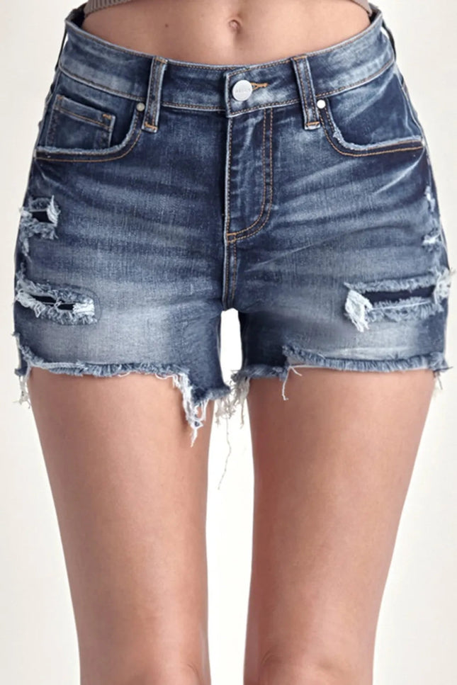RISEN Mid Rise Raw Hem Denim Shorts - THE AMERICAN BLUE