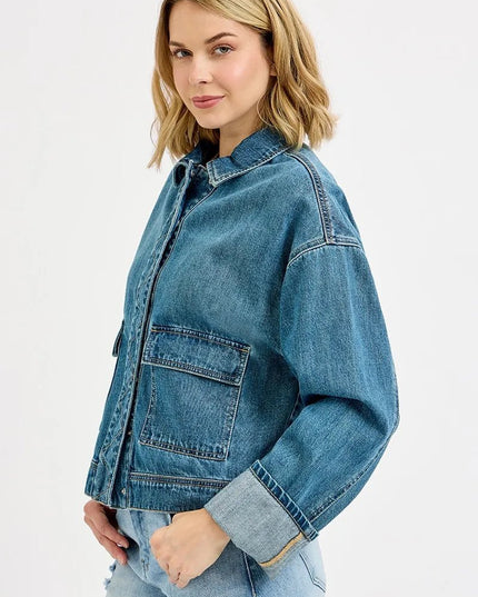 RISEN Oversized Cargo Pocket Denim Jacket with Cuffed Sleeves - THE AMERICAN BLUE