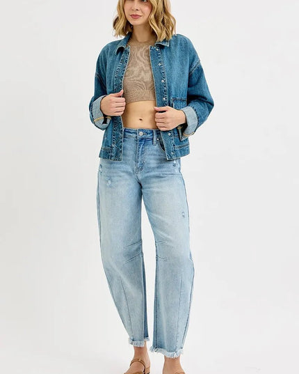 RISEN Oversized Cargo Pocket Denim Jacket with Cuffed Sleeves - THE AMERICAN BLUE