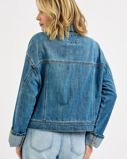 RISEN Oversized Cargo Pocket Denim Jacket with Cuffed Sleeves - THE AMERICAN BLUE
