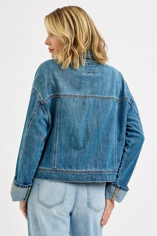 RISEN Oversized Cargo Pocket Denim Jacket with Cuffed Sleeves - THE AMERICAN BLUE