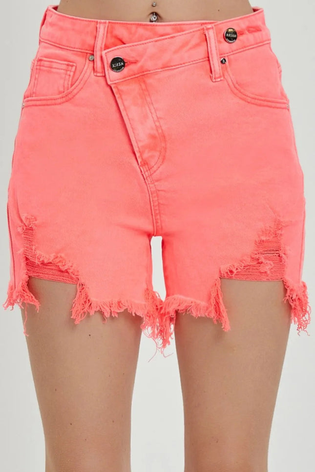 RISEN Raw Hem Asymmetrical Waist Denim Shorts - THE AMERICAN BLUE