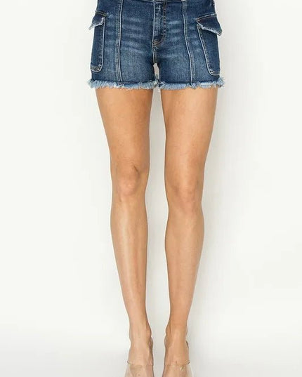 RISEN Raw Hem Denim Shorts with Pockets - THE AMERICAN BLUE