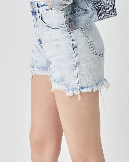 RISEN Raw Hem Distressed High Rise Denim Shorts - THE AMERICAN BLUE