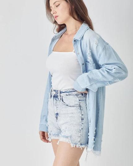 RISEN Raw Hem Distressed High Rise Denim Shorts - THE AMERICAN BLUE