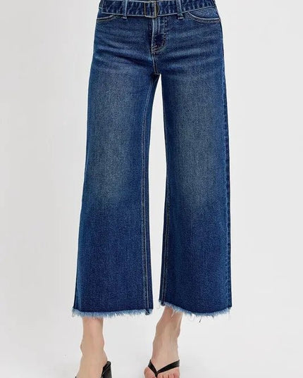RISEN Raw Hem Wide Leg Attached Buckle Jeans - THE AMERICAN BLUE