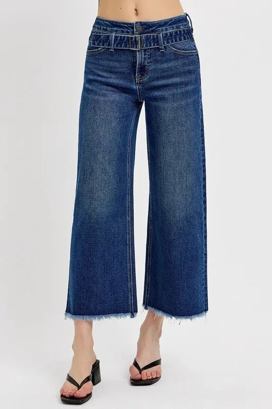 RISEN Raw Hem Wide Leg Attached Buckle Jeans - THE AMERICAN BLUE