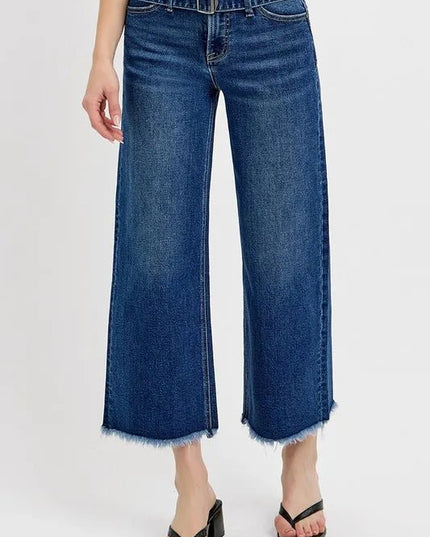 RISEN Raw Hem Wide Leg Attached Buckle Jeans - THE AMERICAN BLUE