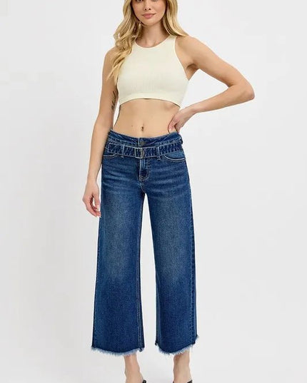 RISEN Raw Hem Wide Leg Attached Buckle Jeans - THE AMERICAN BLUE