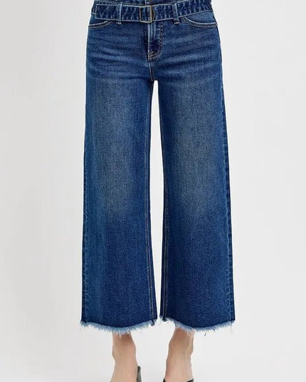 RISEN Raw Hem Wide Leg Attached Buckle Jeans - THE AMERICAN BLUE
