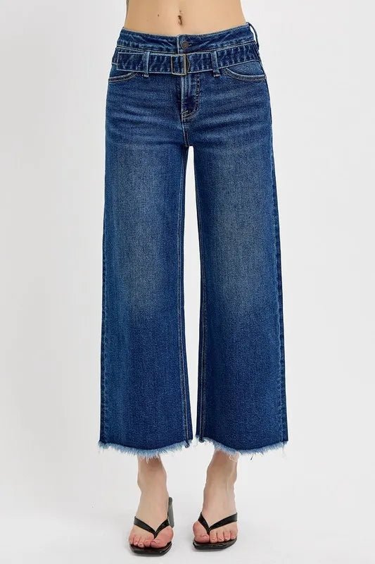 RISEN Raw Hem Wide Leg Attached Buckle Jeans - THE AMERICAN BLUE