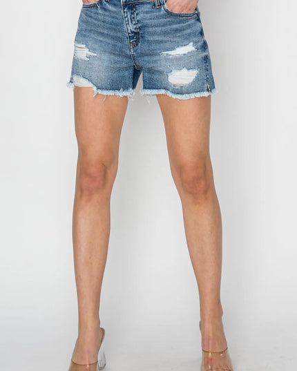 RISEN Stepped Waist Frayed Denim Shorts - THE AMERICAN BLUE