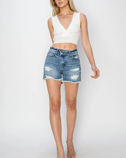 RISEN Stepped Waist Frayed Denim Shorts - THE AMERICAN BLUE