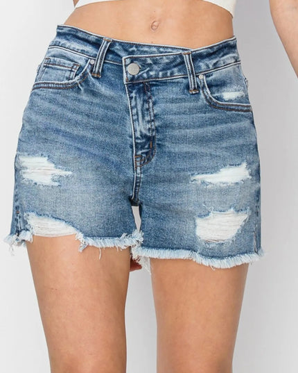 RISEN Stepped Waist Frayed Denim Shorts - THE AMERICAN BLUE