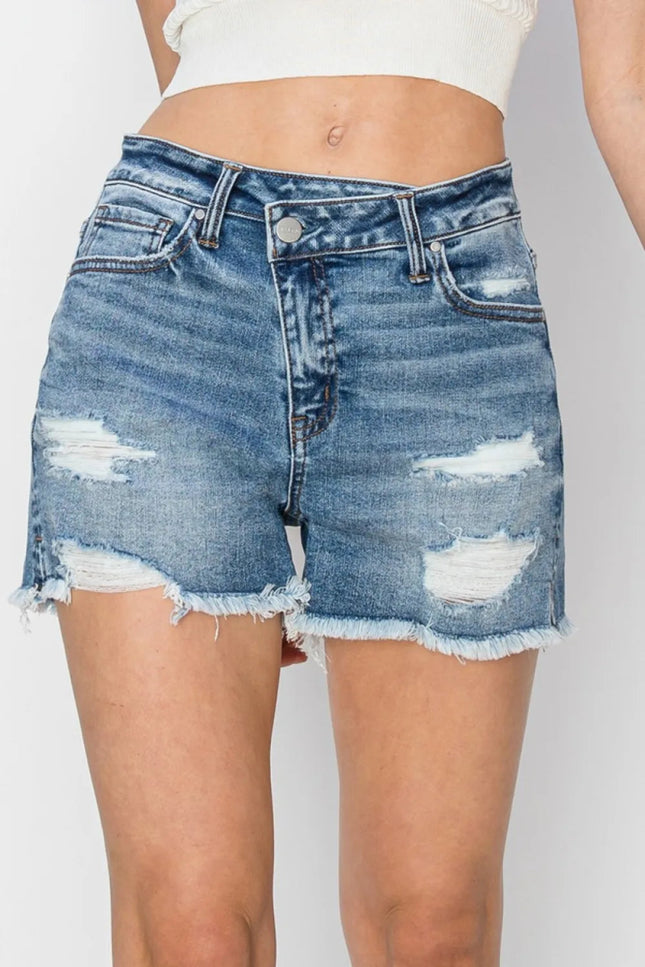 RISEN Stepped Waist Frayed Denim Shorts - THE AMERICAN BLUE