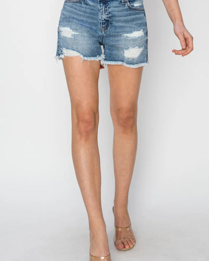 RISEN Stepped Waist Frayed Denim Shorts - THE AMERICAN BLUE