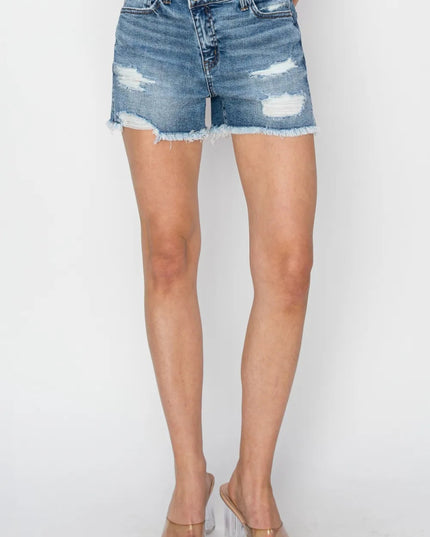 RISEN Stepped Waist Frayed Denim Shorts - THE AMERICAN BLUE