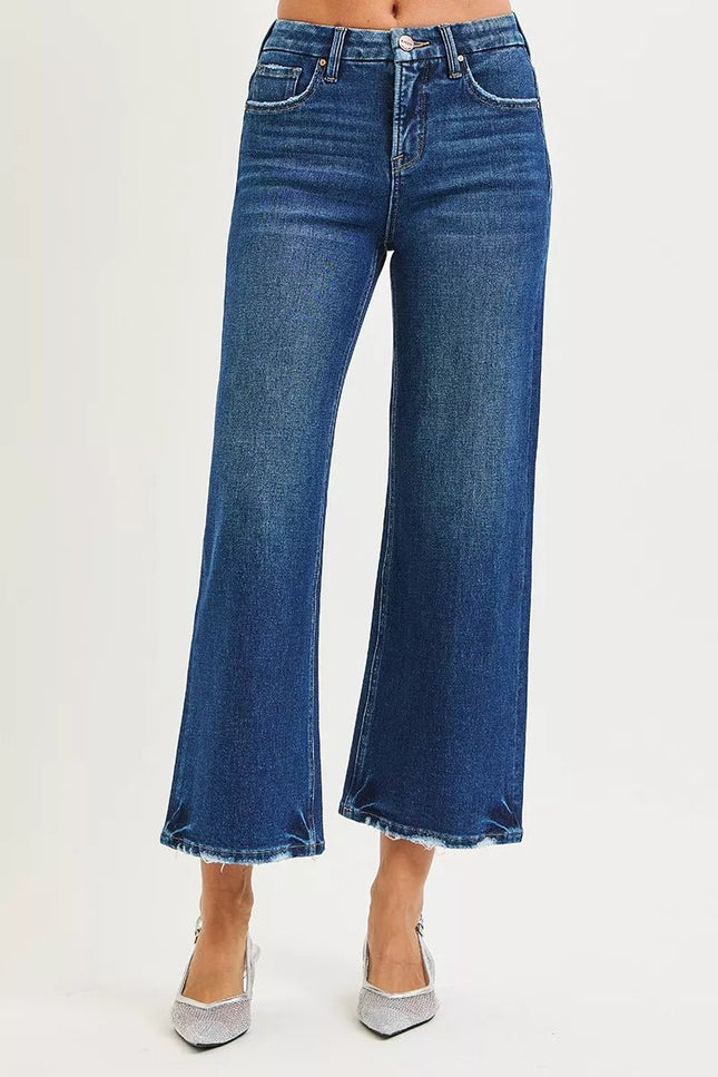 RISEN Tummy Control 4 Way Stretch High Rise Crop Wide Leg Jeans - THE AMERICAN BLUE