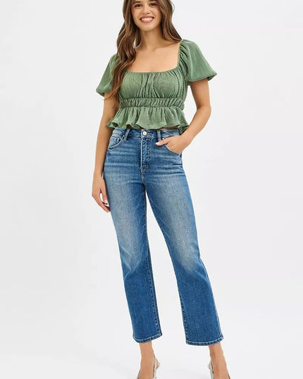 RISEN Tummy Control High Rise Crop Straight Jeans - THE AMERICAN BLUE