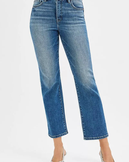 RISEN Tummy Control High Rise Crop Straight Jeans - THE AMERICAN BLUE