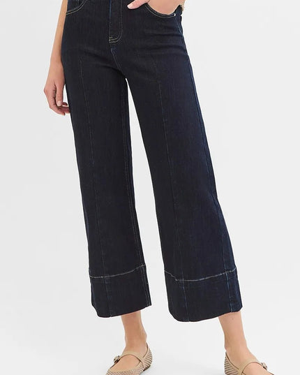 RISEN Tummy Control High Rise Crop Wide Seam Detailed Jeans - THE AMERICAN BLUE