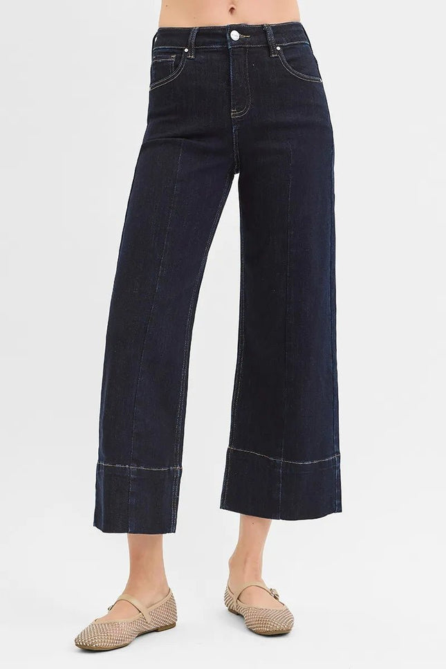 RISEN Tummy Control High Rise Crop Wide Seam Detailed Jeans - THE AMERICAN BLUE