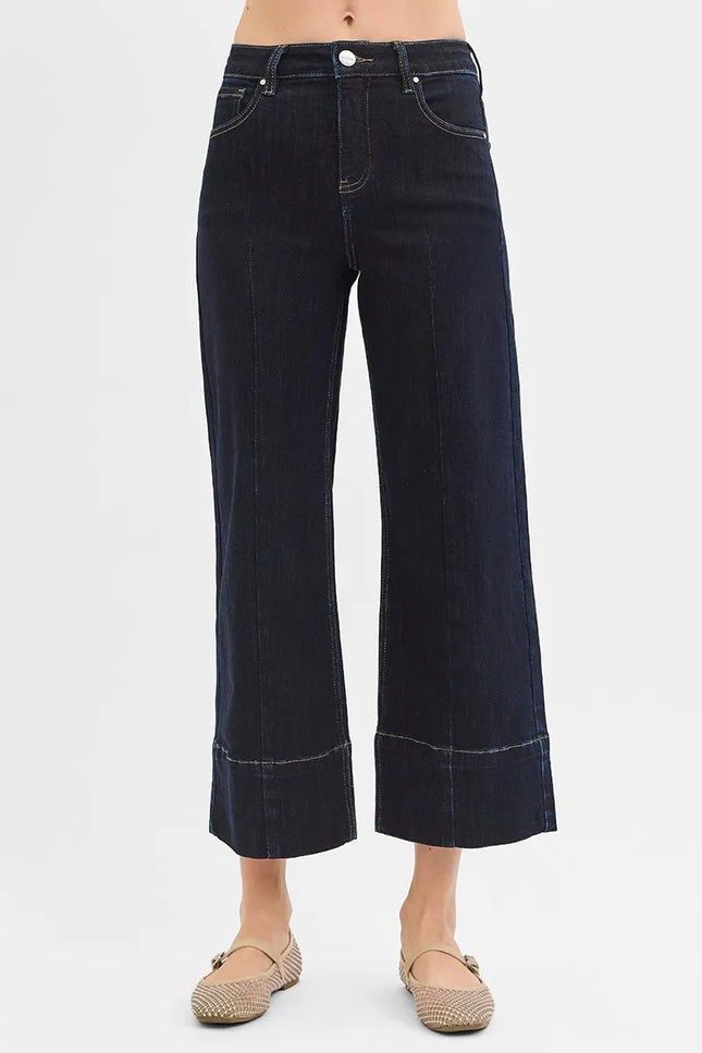 RISEN Tummy Control High Rise Crop Wide Seam Detailed Jeans - THE AMERICAN BLUE