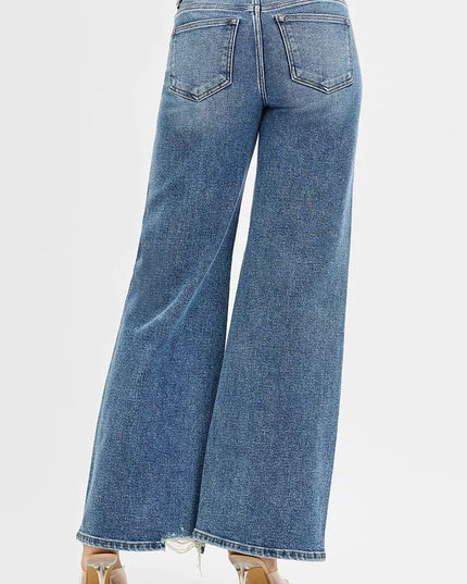 RISEN Tummy Control Mid Rise Fit Wide Jeans - THE AMERICAN BLUE