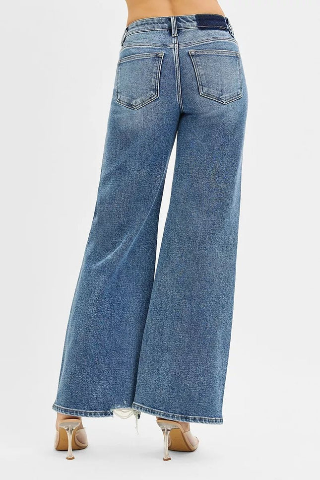 RISEN Tummy Control Mid Rise Fit Wide Jeans - THE AMERICAN BLUE