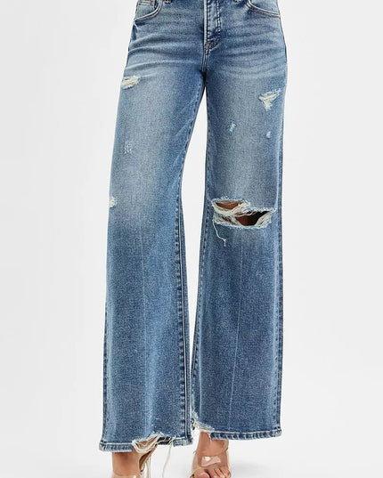 RISEN Tummy Control Mid Rise Fit Wide Jeans - THE AMERICAN BLUE