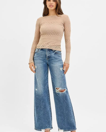 RISEN Tummy Control Mid Rise Fit Wide Jeans - THE AMERICAN BLUE