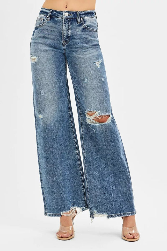 RISEN Tummy Control Mid Rise Fit Wide Jeans - THE AMERICAN BLUE