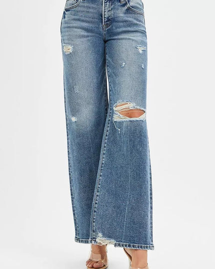 RISEN Tummy Control Mid Rise Fit Wide Jeans - THE AMERICAN BLUE