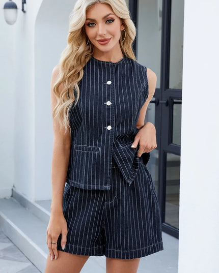 Round Neck Striped Top and Shorts Denim Set - THE AMERICAN BLUE