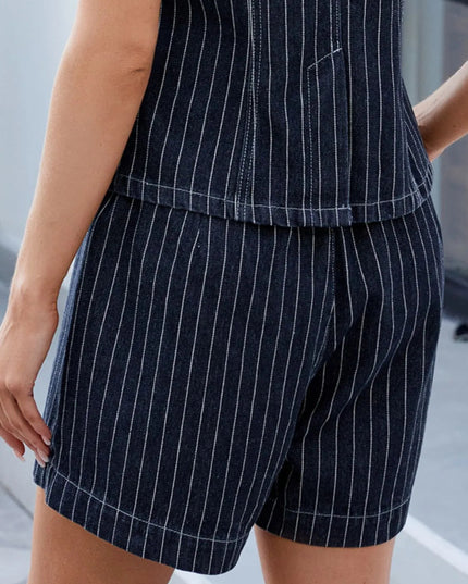 Round Neck Striped Top and Shorts Denim Set - THE AMERICAN BLUE