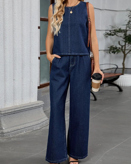 Round Neck Tank and Pants Denim Set - THE AMERICAN BLUE