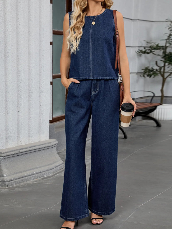 Round Neck Tank and Pants Denim Set - THE AMERICAN BLUE